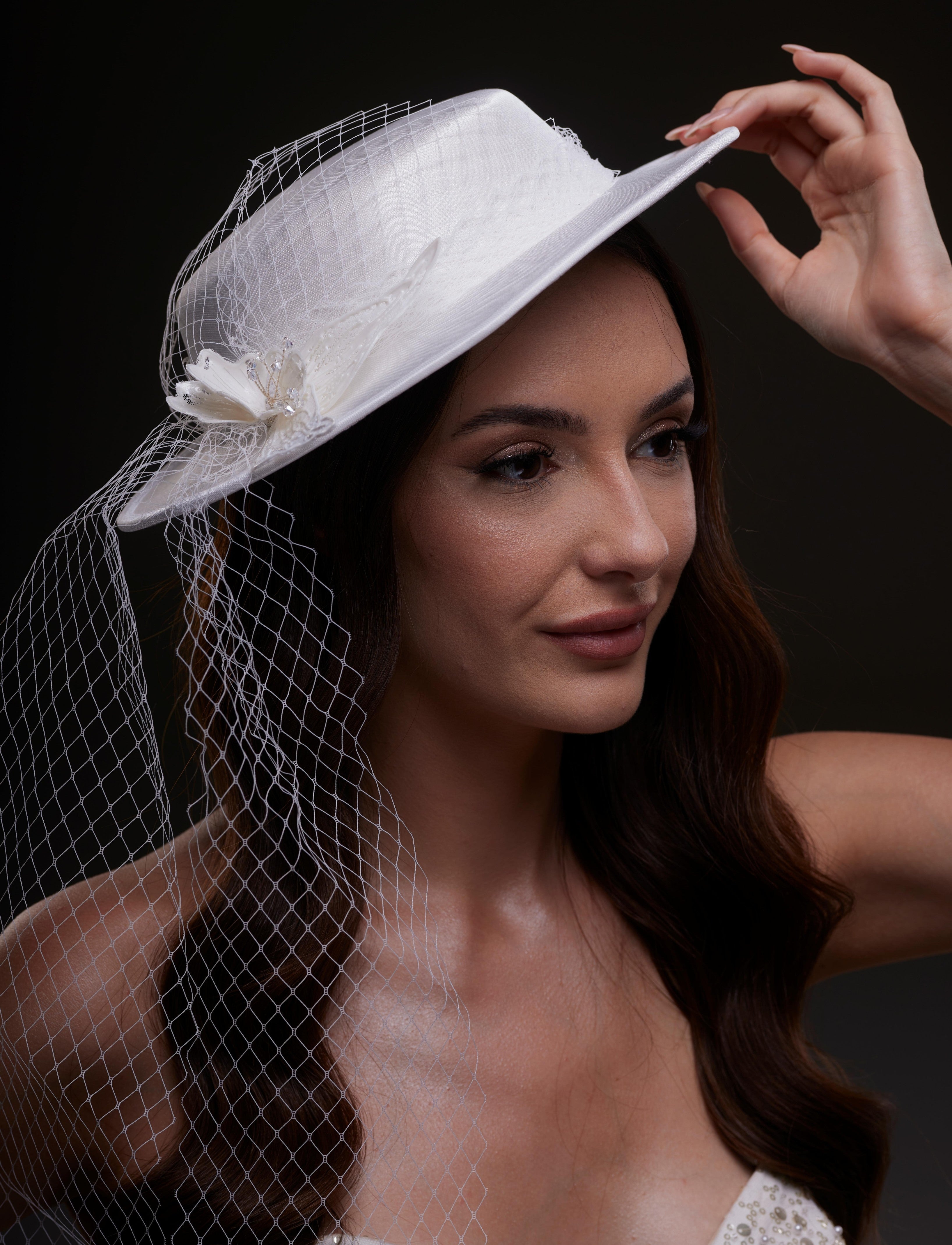 White Satin Hat with Flower and Veil Netting - Glamourous Grace