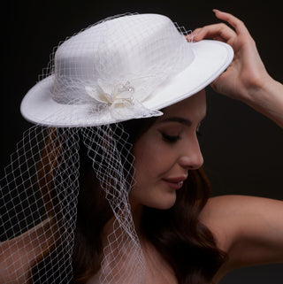 White Satin Hat with Flower and Veil Netting - Glamourous Grace