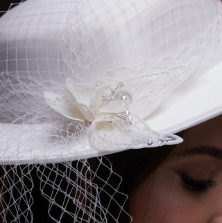 White Satin Hat with Flower and Veil Netting - Glamourous Grace