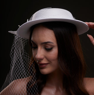 White Satin Hat with Flower and Veil Netting - Glamourous Grace