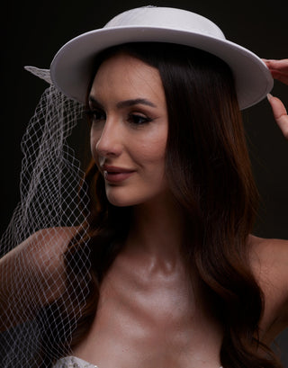 White Satin Hat with Flower and Veil Netting - Glamourous Grace