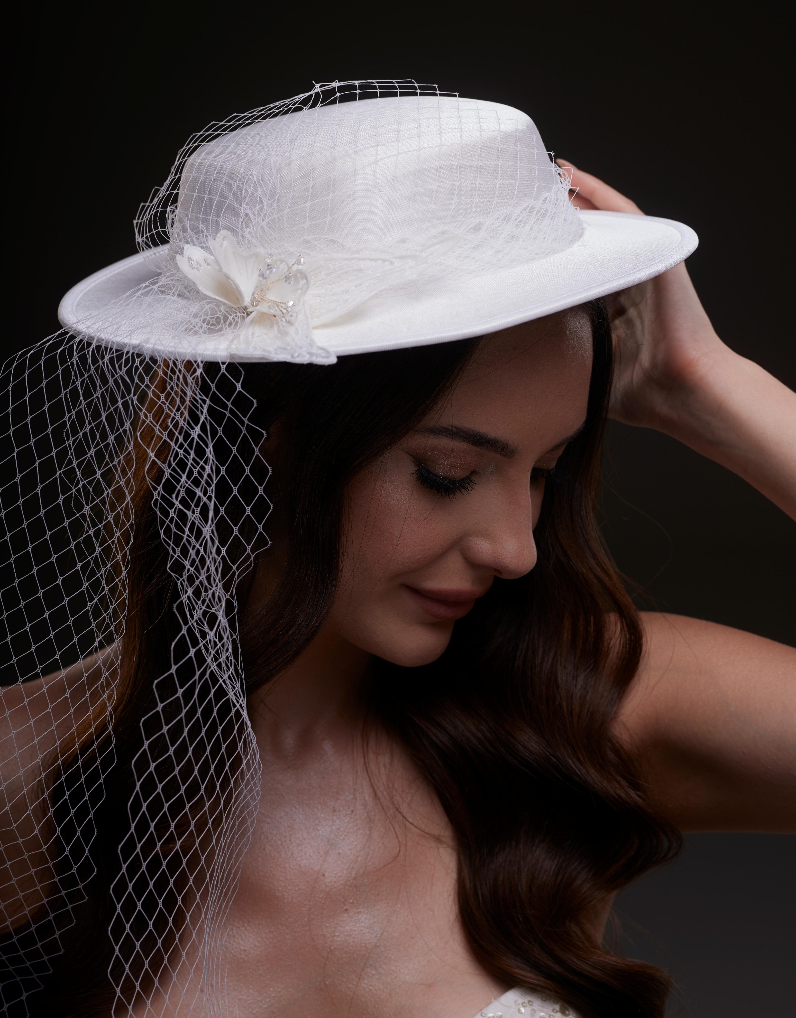 White Satin Hat with Flower and Veil Netting - Glamourous Grace
