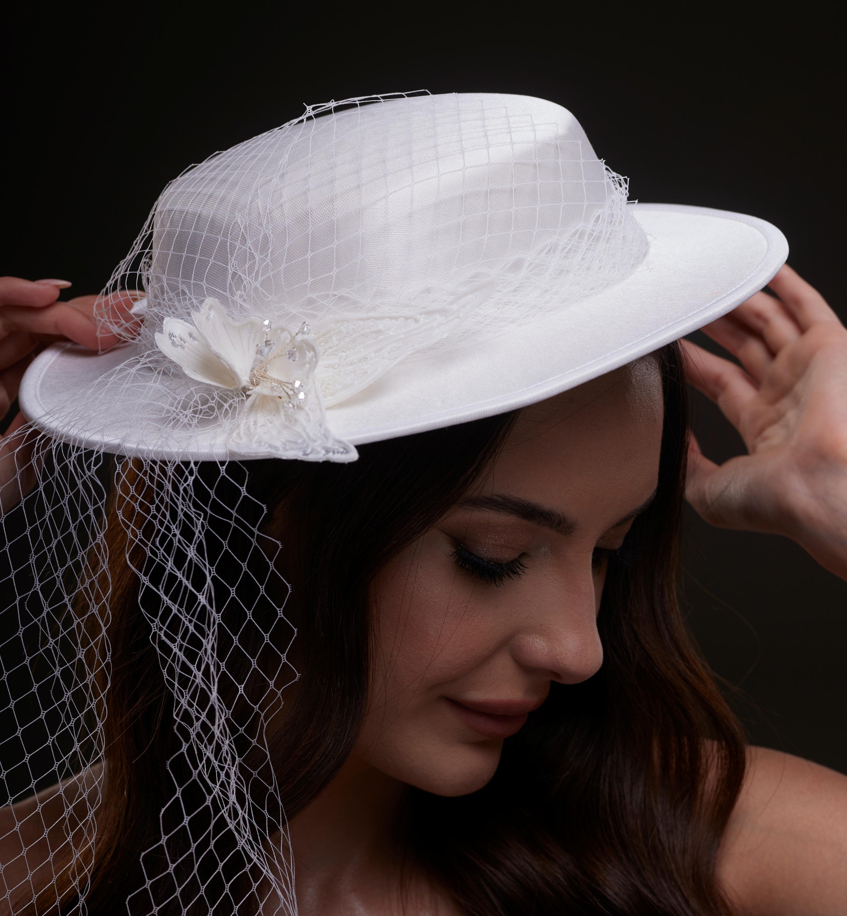 White Satin Hat with Flower and Veil Netting - Glamourous Grace