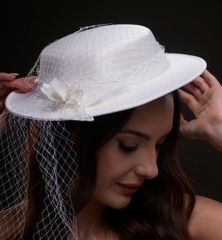 White Satin Hat with Flower and Veil Netting - Glamourous Grace