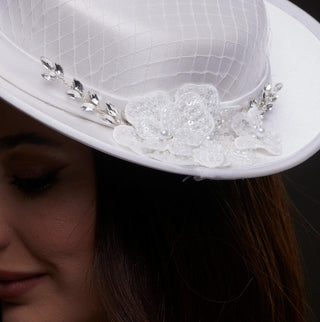White Satin Hat with Lace Flowers & Crystal Leaves - Glamourous Grace