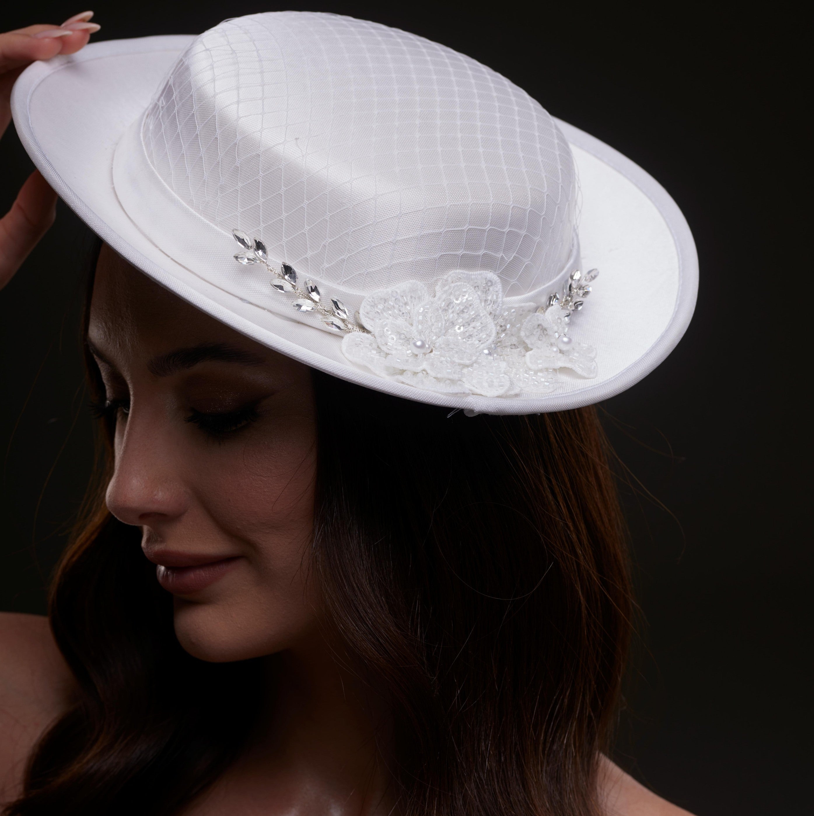 White Satin Hat with Lace Flowers & Crystal Leaves - Glamourous Grace