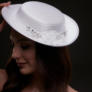 White Satin Hat with Lace Flowers & Crystal Leaves - Glamourous Grace