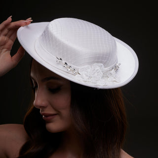 White Satin Hat with Lace Flowers & Crystal Leaves - Glamourous Grace