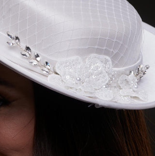 White Satin Hat with Lace Flowers & Crystal Leaves - Glamourous Grace