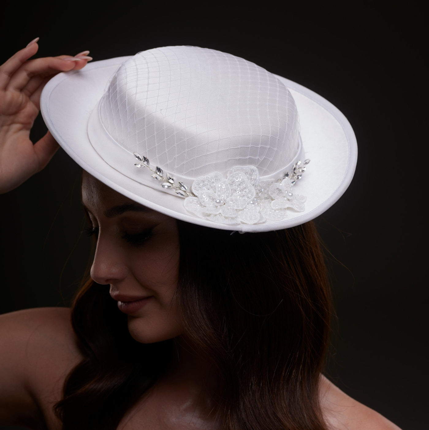 White Satin Hat with Lace Flowers & Crystal Leaves - Glamourous Grace