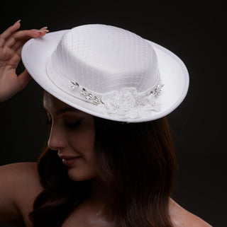 White Satin Hat with Lace Flowers & Crystal Leaves - Glamourous Grace