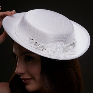 White Satin Hat with Lace Flowers & Crystal Leaves - Glamourous Grace