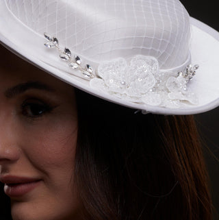White Satin Hat with Lace Flowers & Crystal Leaves - Glamourous Grace