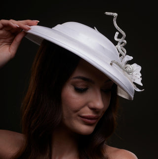 White Satin Hat with Rhinestone Vines and Tropical Flower Appliqués - Glamourous Grace