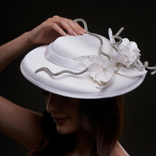 White Satin Hat with Rhinestone Vines and Tropical Flower Appliqués - Glamourous Grace