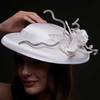 White Satin Hat with Rhinestone Vines and Tropical Flower Appliqués - Glamourous Grace
