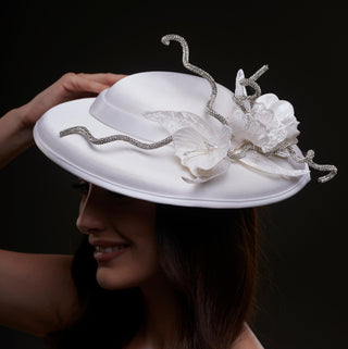White Satin Hat with Rhinestone Vines and Tropical Flower Appliqués - Glamourous Grace
