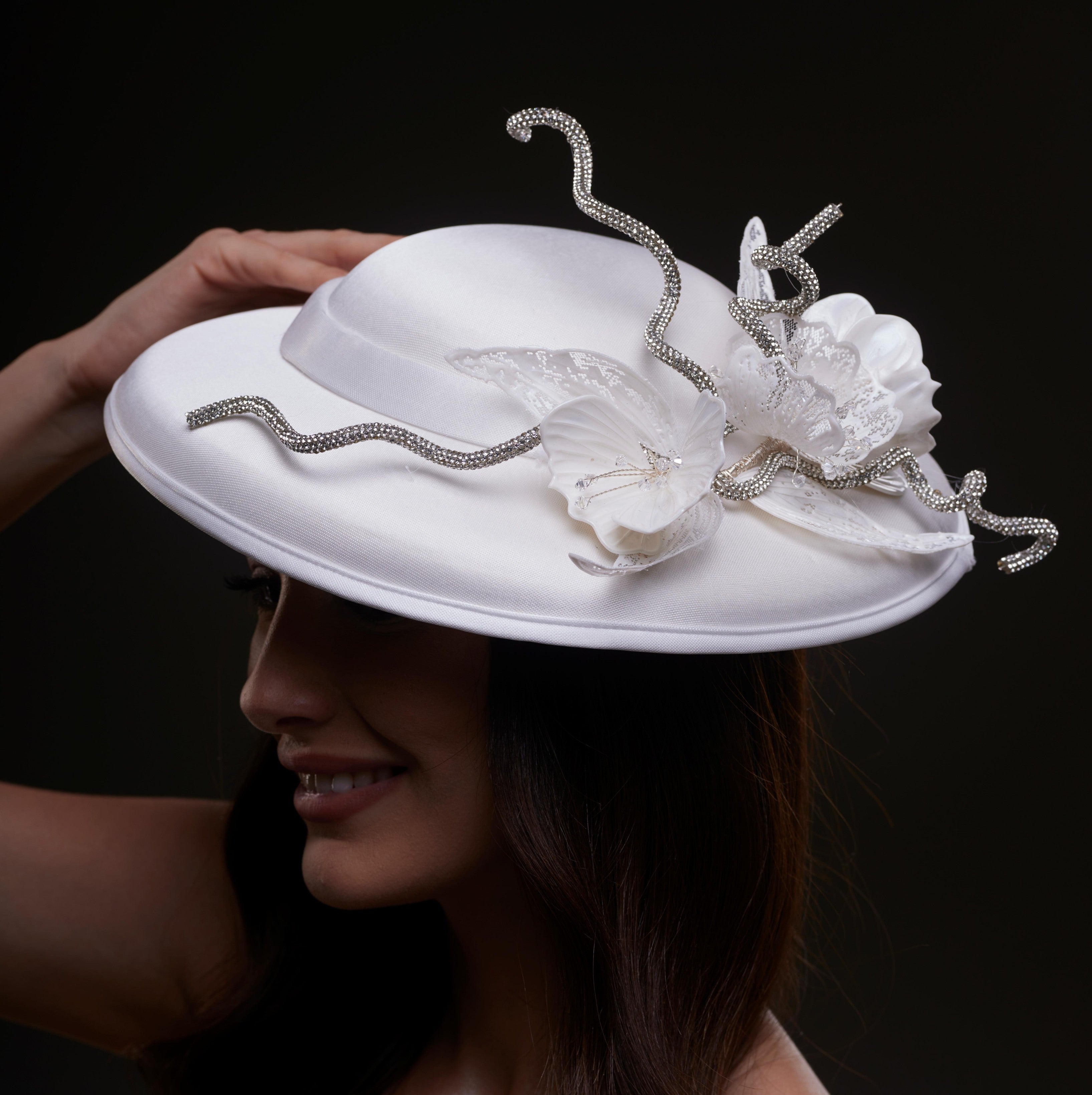 White Satin Hat with Rhinestone Vines and Tropical Flower Appliqués - Glamourous Grace
