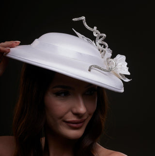 White Satin Hat with Rhinestone Vines and Tropical Flower Appliqués - Glamourous Grace