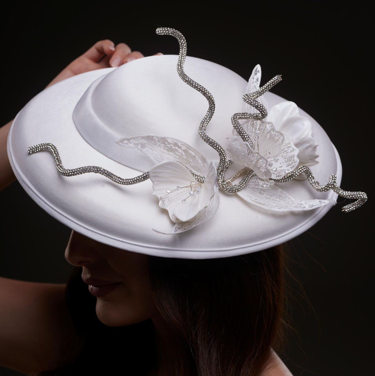 White Satin Hat with Rhinestone Vines and Tropical Flower Appliqués - Glamourous Grace