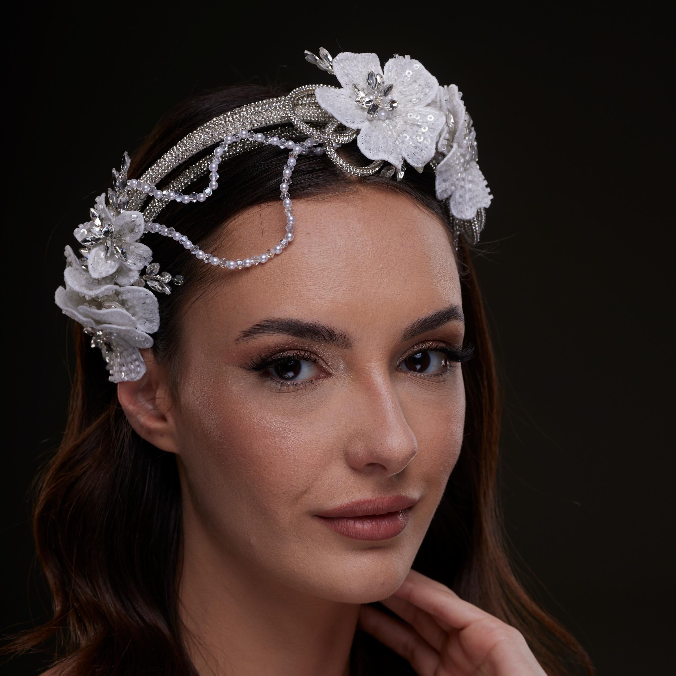 White Sequin Floral Hair Band - Glamourous Grace