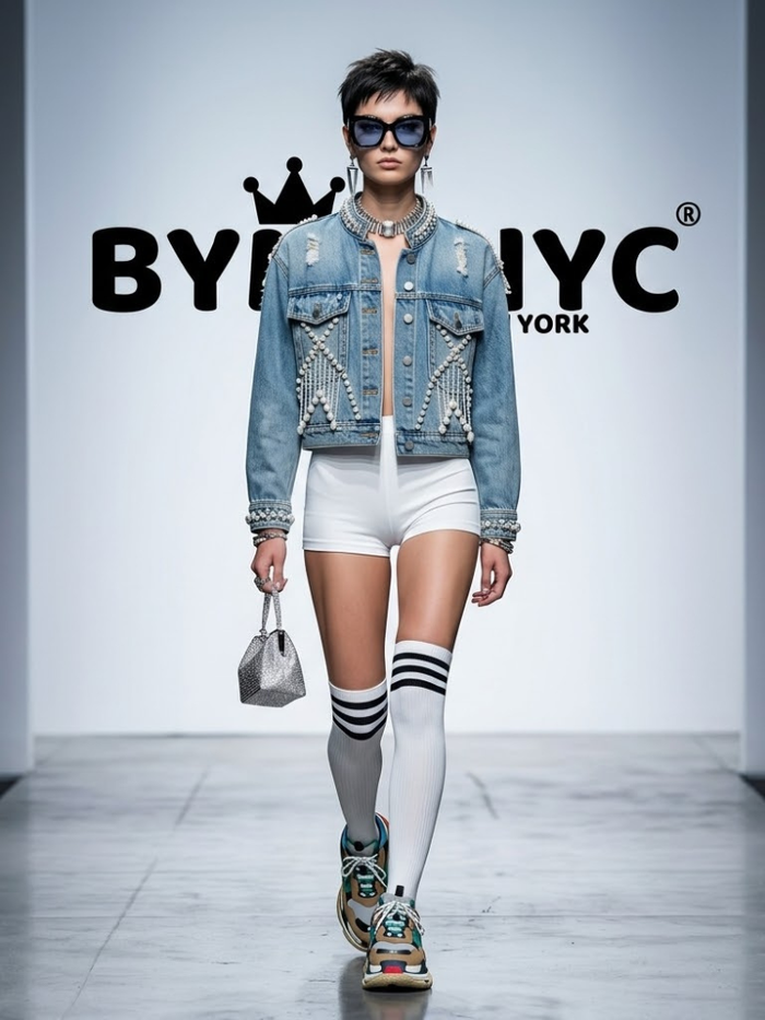 Women's Denim Jacket Pearl Embellished Fringe BYMANYC ® New York CONTEMPORARY VIBRANT MODERN OUTERWEAR - New Collection
