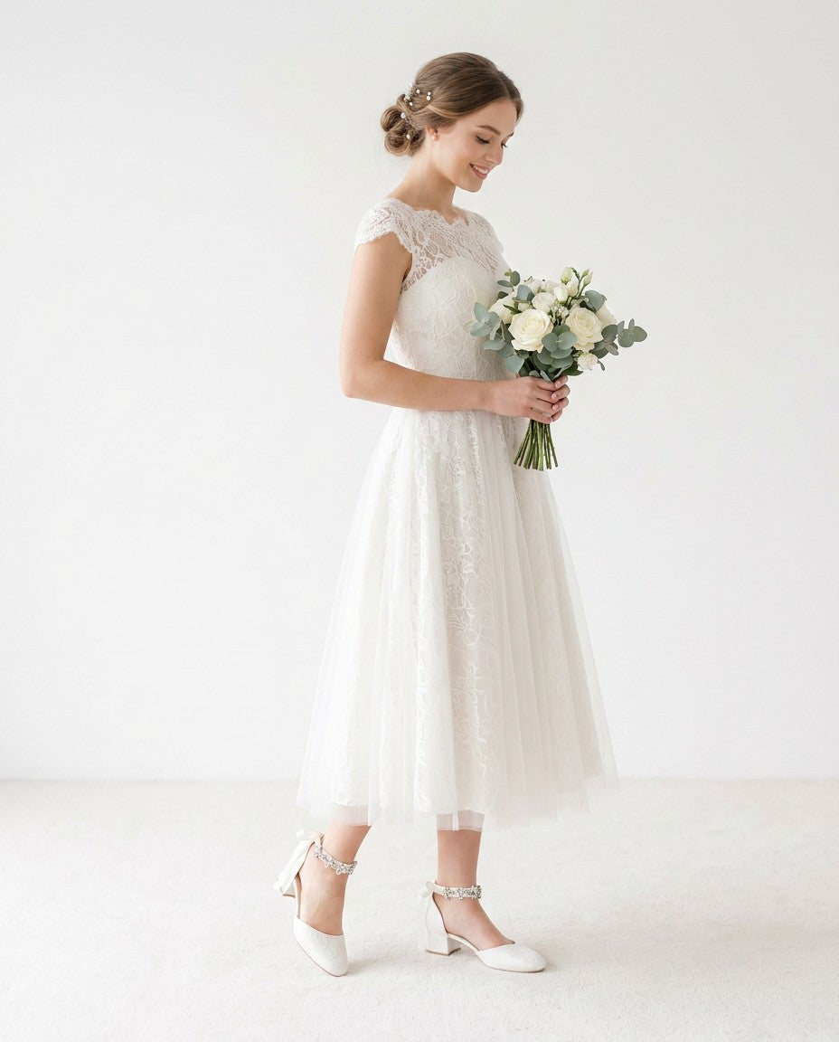 Lace Round Toe Low Block Heel Wedding Shoes with Navette Cluster Rhinestones Strap