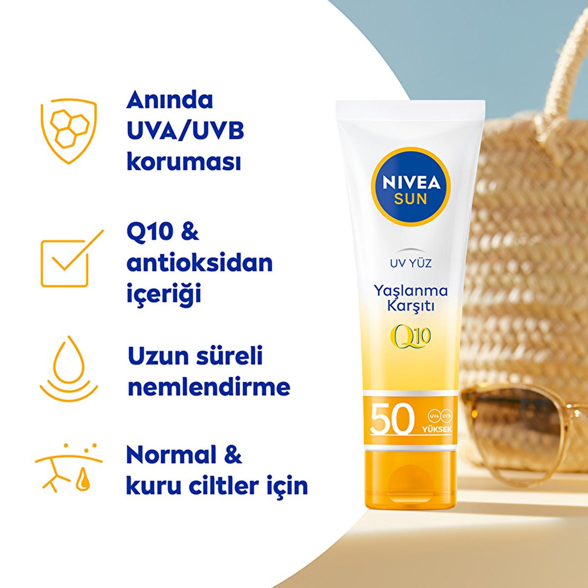 Nivea Sun SPF 50+ Anti-Aging Q10 Facial Sunscreen: Daily Sun Protection for Wrinkles & Dark Spots, Broad Spectrum UVA/UVB Defense - Glamourous Grace