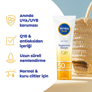 Nivea Sun SPF 50+ Anti-Aging Q10 Facial Sunscreen: Daily Sun Protection for Wrinkles & Dark Spots, Broad Spectrum UVA/UVB Defense - Glamourous Grace