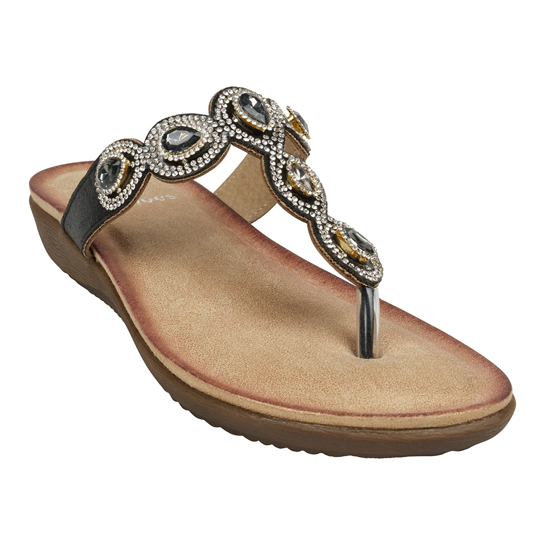 Zara Black Jeweled T-Strap Thong Flat Sandals - Glamourous Grace