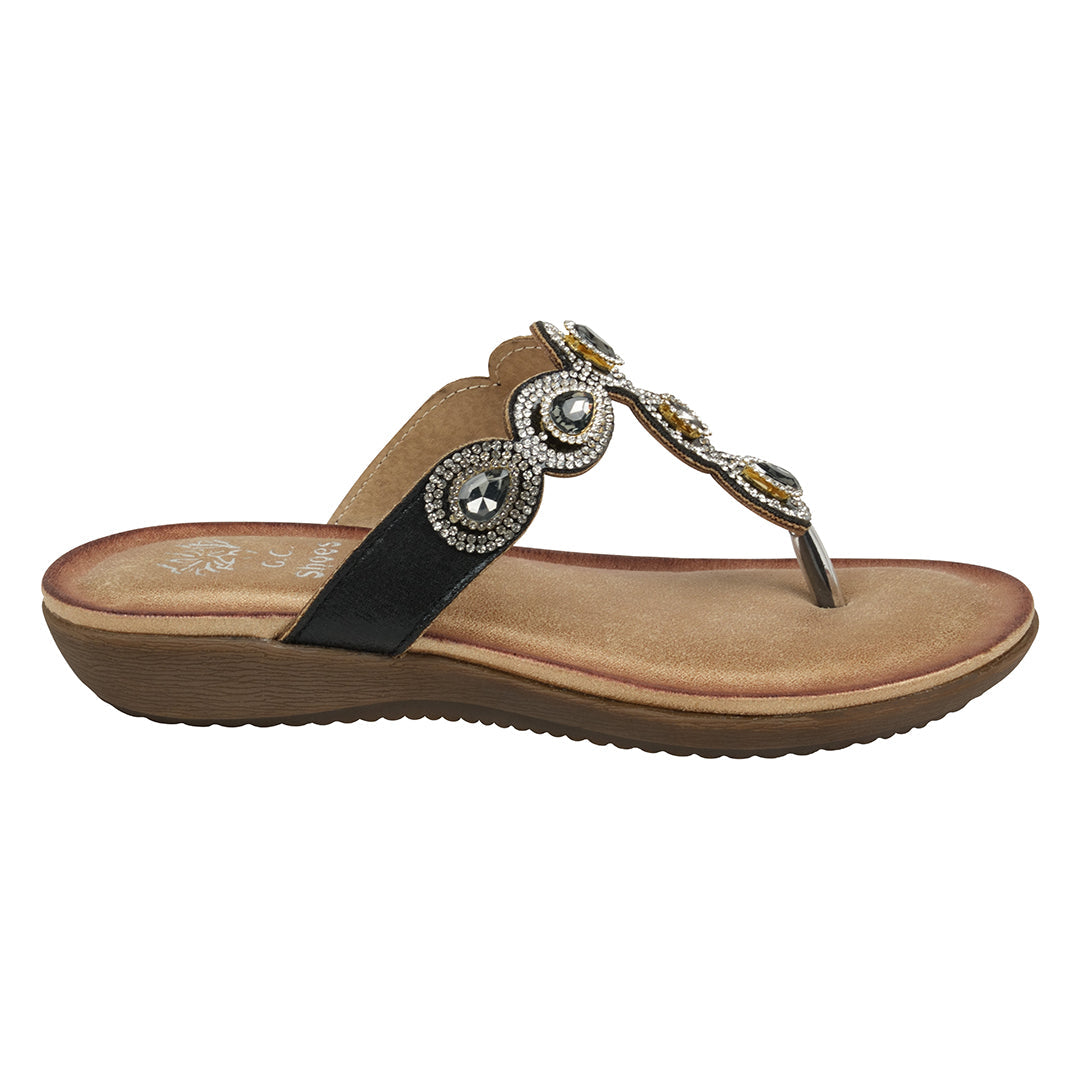Zara Black Jeweled T-Strap Thong Flat Sandals - Glamourous Grace