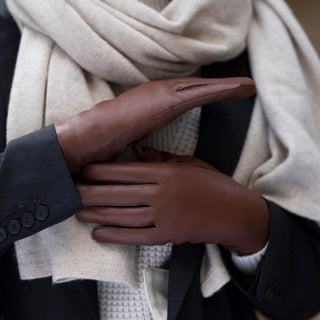 Zoey (brown) – Sheepskin leather gloves with warm wool/cashmere lining & touchscreen function - Glamourous Grace