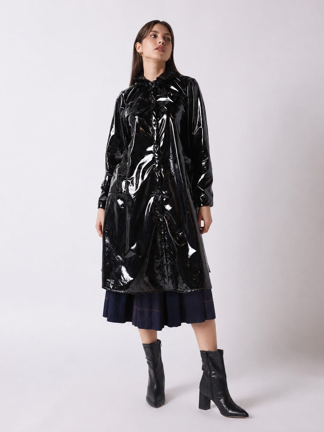 A-Line Button-Down Vinyl Jacket with Hood - Glamourous Grace