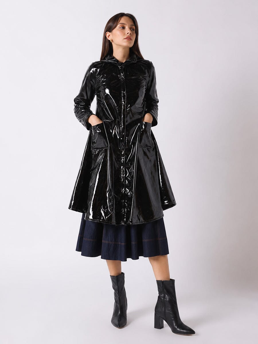 A-Line Button-Down Vinyl Jacket with Hood - Glamourous Grace