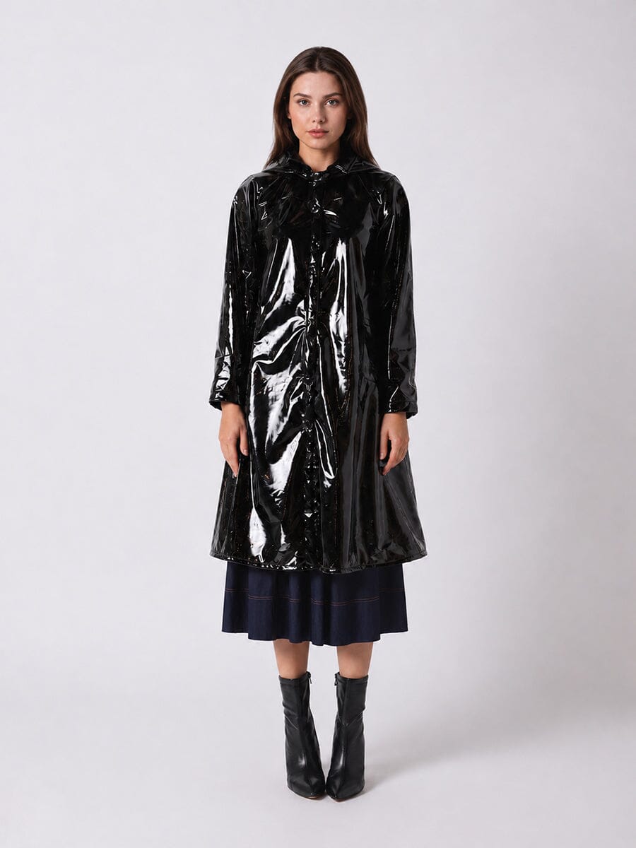 A-Line Button-Down Vinyl Jacket with Hood - Glamourous Grace