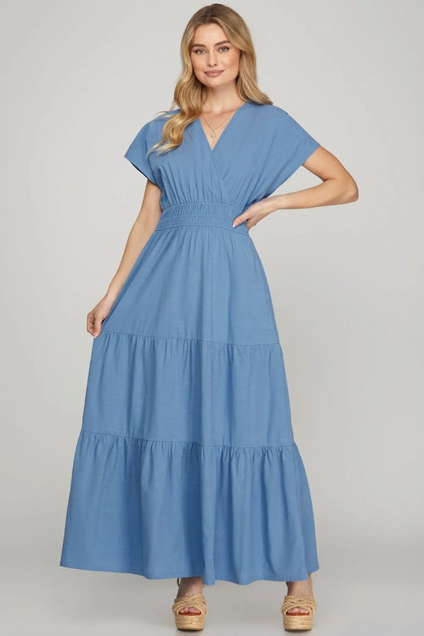 She + Sky Surplice Short Sleeve Tiered Maxi Dress With Pockets - Glamourous Grace