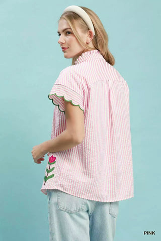 Umgee Embroidered Stripe Button Front Top - Glamourous Grace