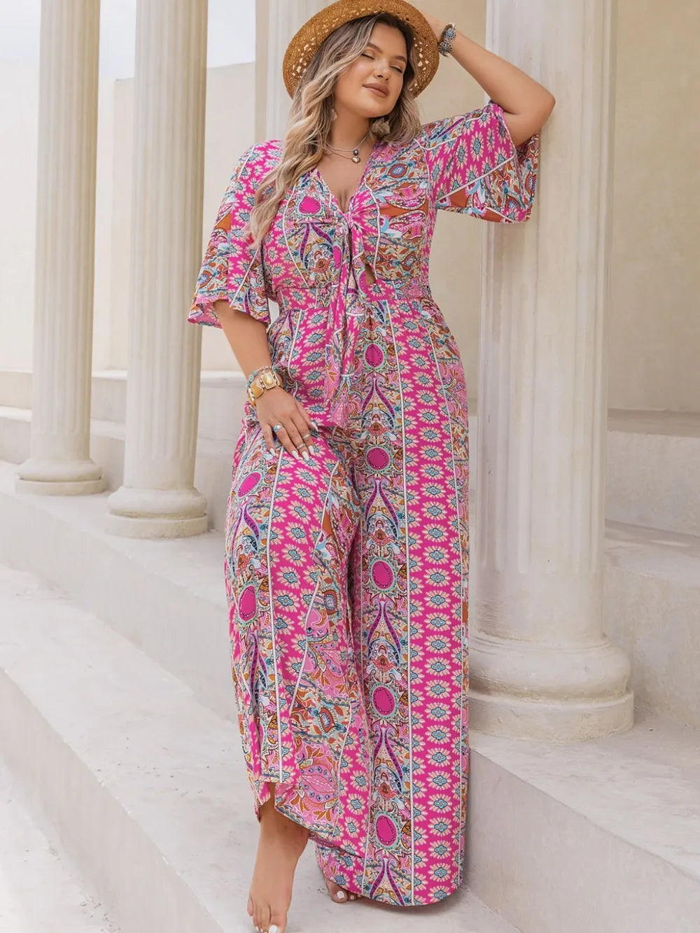 Plus Size Printed Half Sleeve Wide Leg Jumpsuit - Glamourous Grace