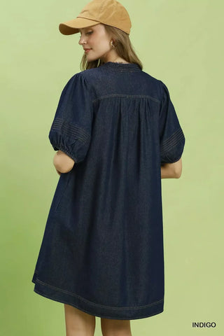 Umgee Notched Puff Sleeve Mini Dress with Pockets - Glamourous Grace