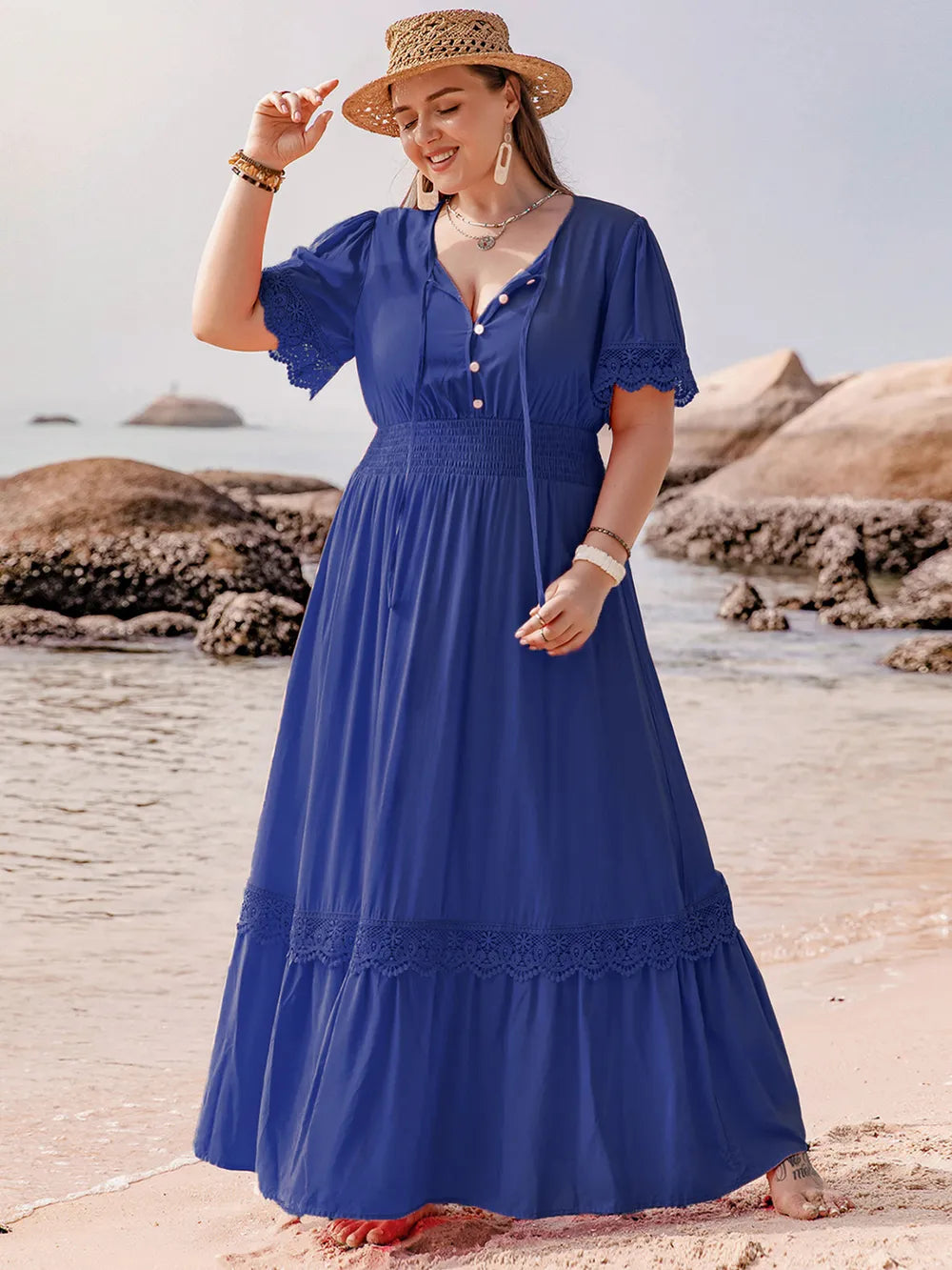 Plus Size Lace Detail Tie Neck Short Sleeve Maxi Dress - Glamourous Grace