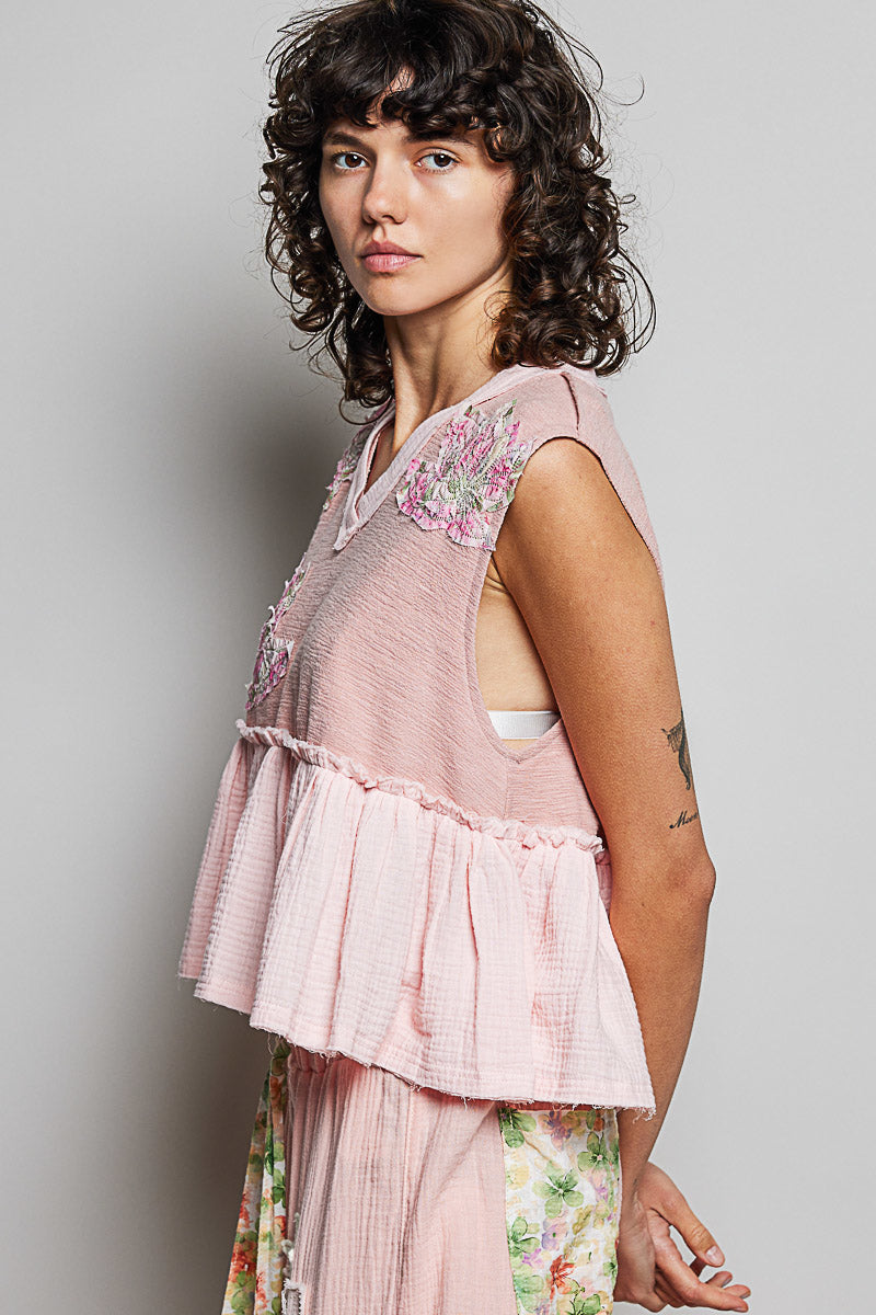POL Floral Patch Ruffled Sleeveless Top with Raw Edge Detail in Pink - Glamourous Grace