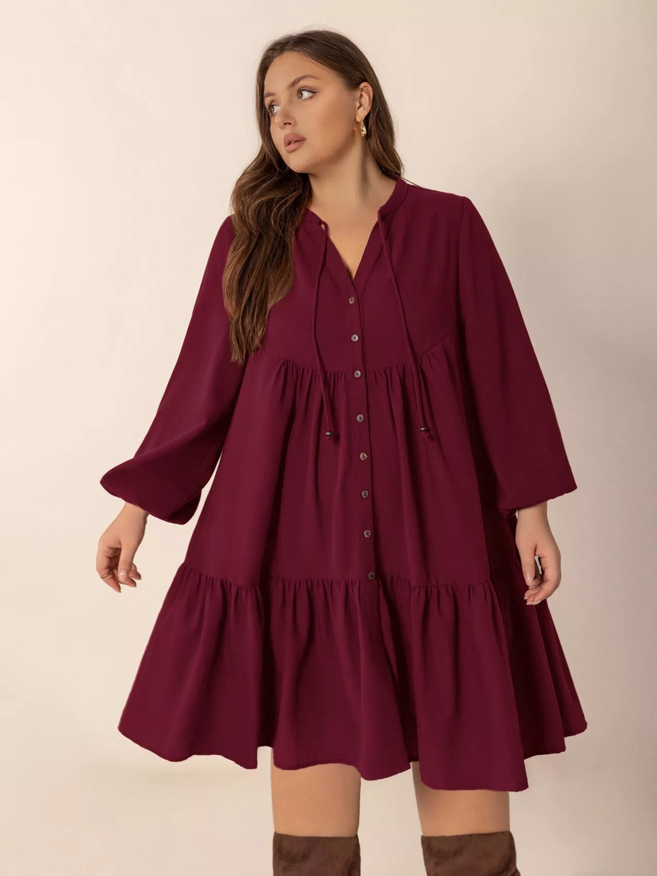 Plus Size Button Front Balloon Sleeve Dress - Glamourous Grace