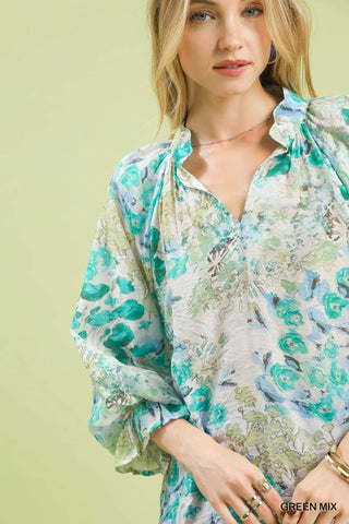 Umgee Watercolor Floral Blouse with Flounce Sleeve - Glamourous Grace