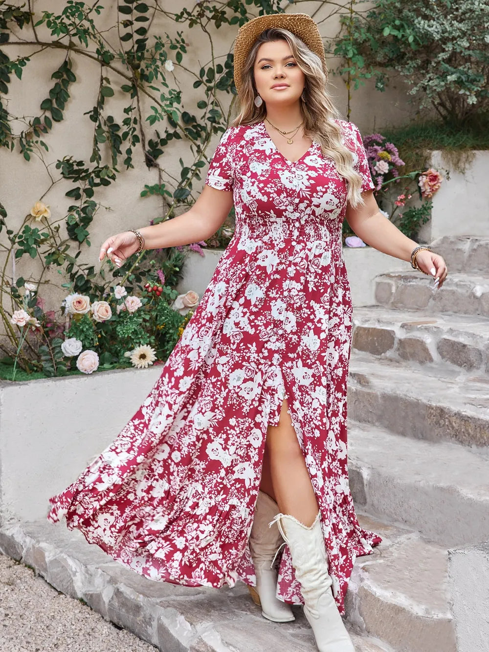 Plus Size Slit Printed V-Neck Maxi Dress - Glamourous Grace