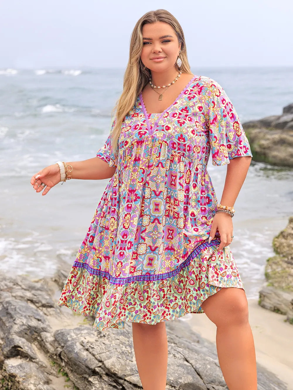 Plus Size Lace Detail Printed Half Sleeve Dress - Glamourous Grace