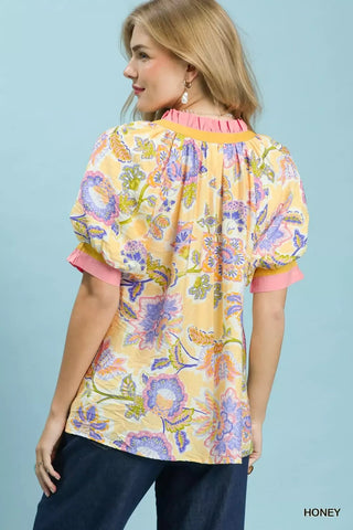 Umgee Floral Print Ruffled Short Sleeve Top - Glamourous Grace