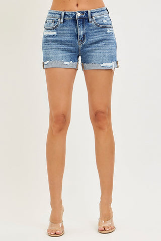 RISEN Mid Rise Cuffed Distressed Denim Shorts