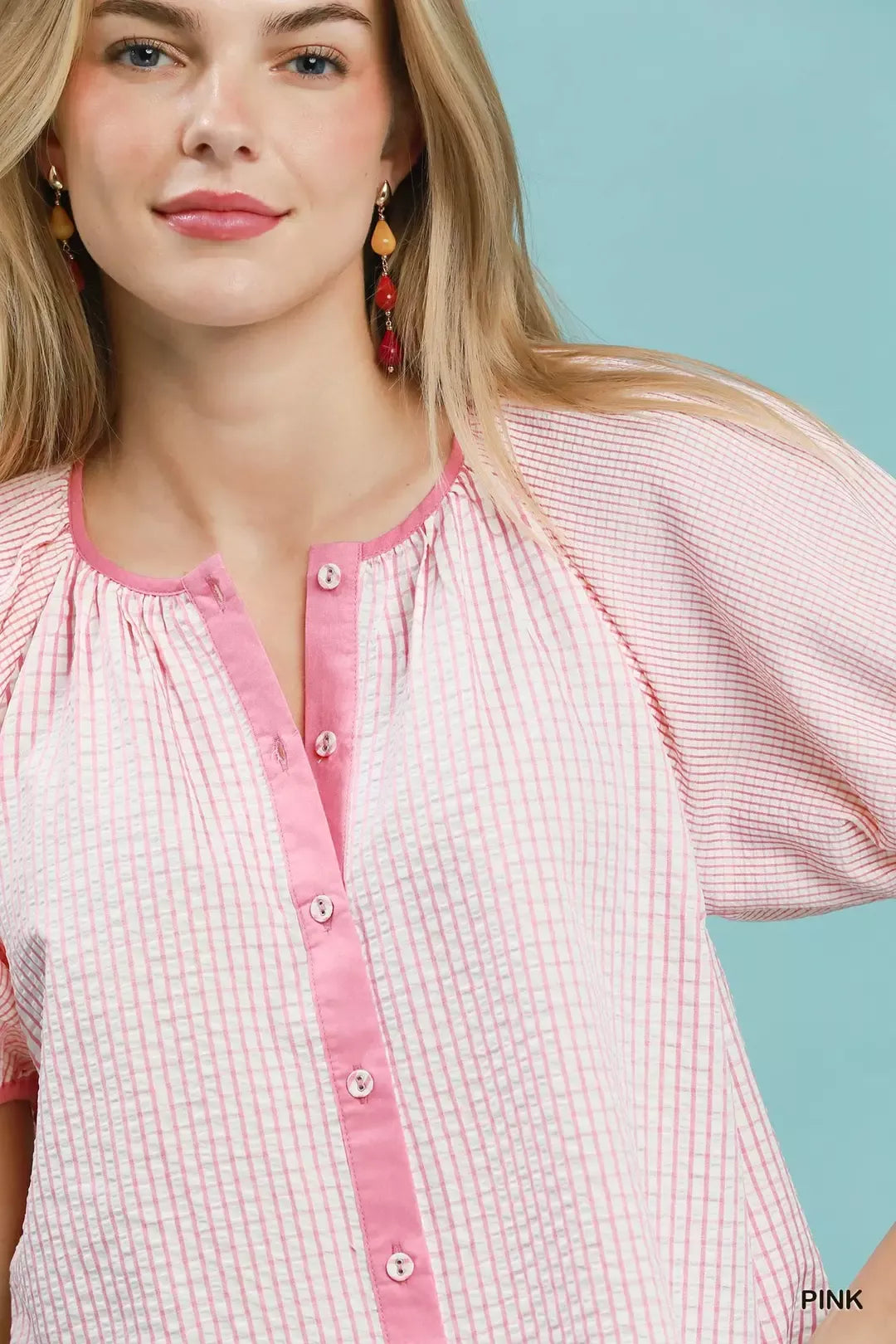 Umgee Checker Puff Sleeve Button Front Blouse - Glamourous Grace