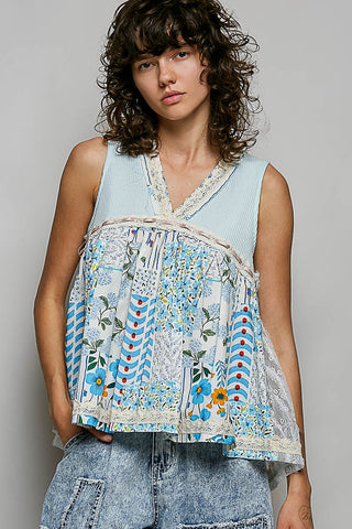 POL Floral V-Neck Sheer Tank with Lace Trim in Soda Candy - Glamourous Grace