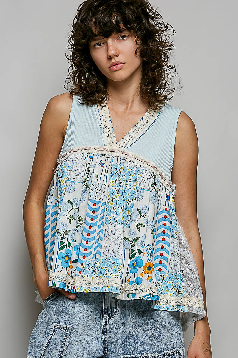 POL Floral V-Neck Sheer Tank with Lace Trim in Soda Candy - Glamourous Grace